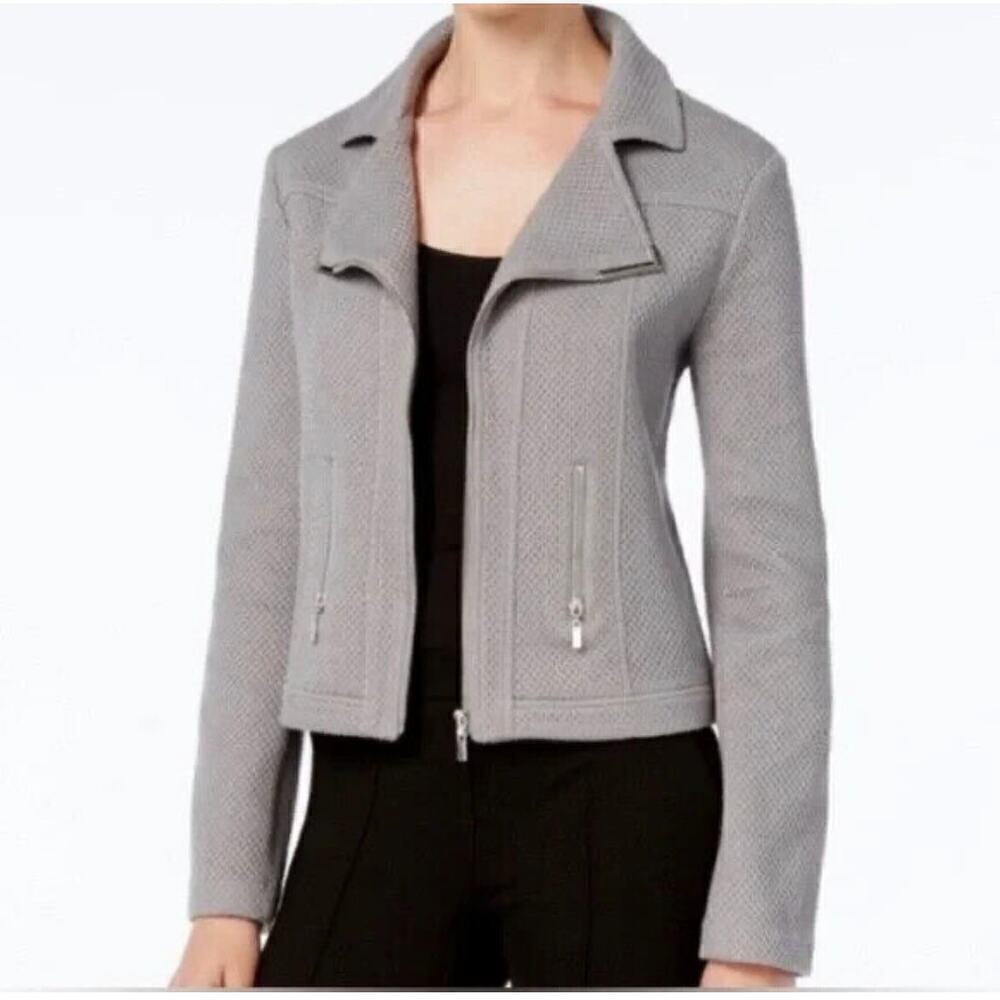 ☀️Alfani Motorcycle Jacket Textured Knit Zip Up Long Sleeves Gray Womens Large